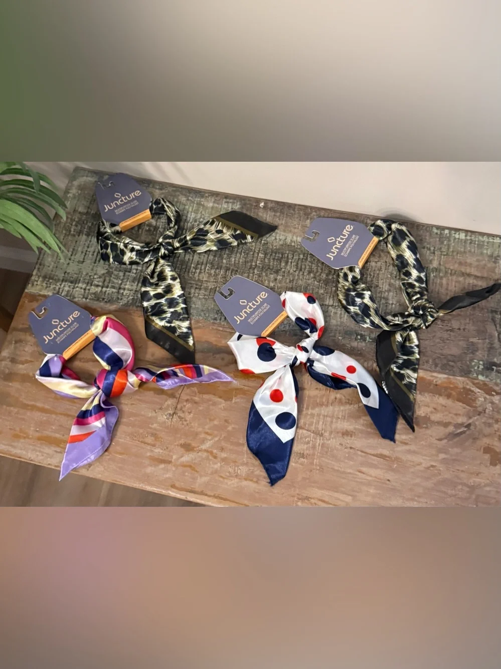Set of 4 New trendy assorted Square Silky Neck Scarves. New with tag
